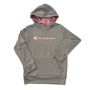 Champion Gray Hoodie Girls Size 7/8 Pink Logo Pullover Sweatshirt Kids (C22)